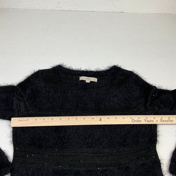 LOFT Womens Fuzzy Sweater Black Shaggy Sequin Long Sleeve Pullover PM Petites - Picture 7 of 11